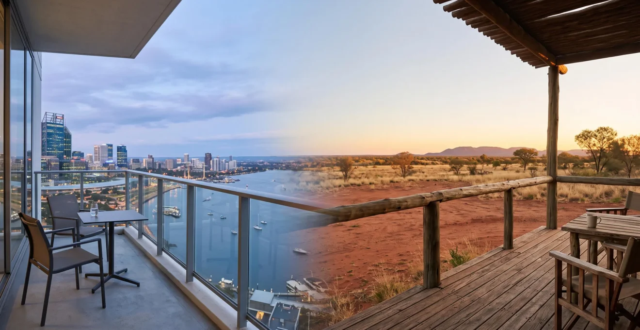 A wide editorial composition contrasting a modern city hotel balcony with a remote outback lodge deck under an Australian sky, symbolizing the choice between accommodation styles.