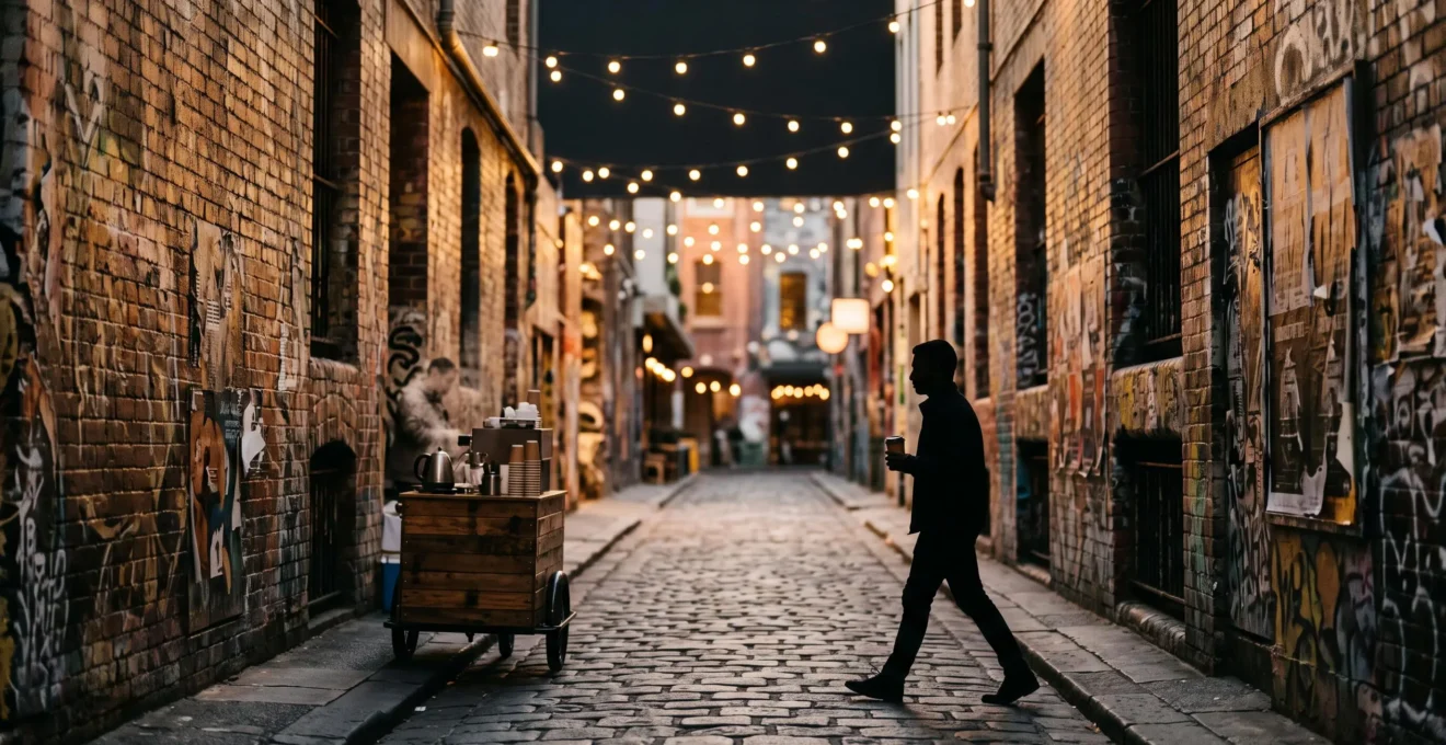 A narrow Melbourne laneway lined with layered street art and string lights at golden hour, with a lone figure walking past a coffee cart