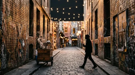A narrow Melbourne laneway lined with layered street art and string lights at golden hour, with a lone figure walking past a coffee cart