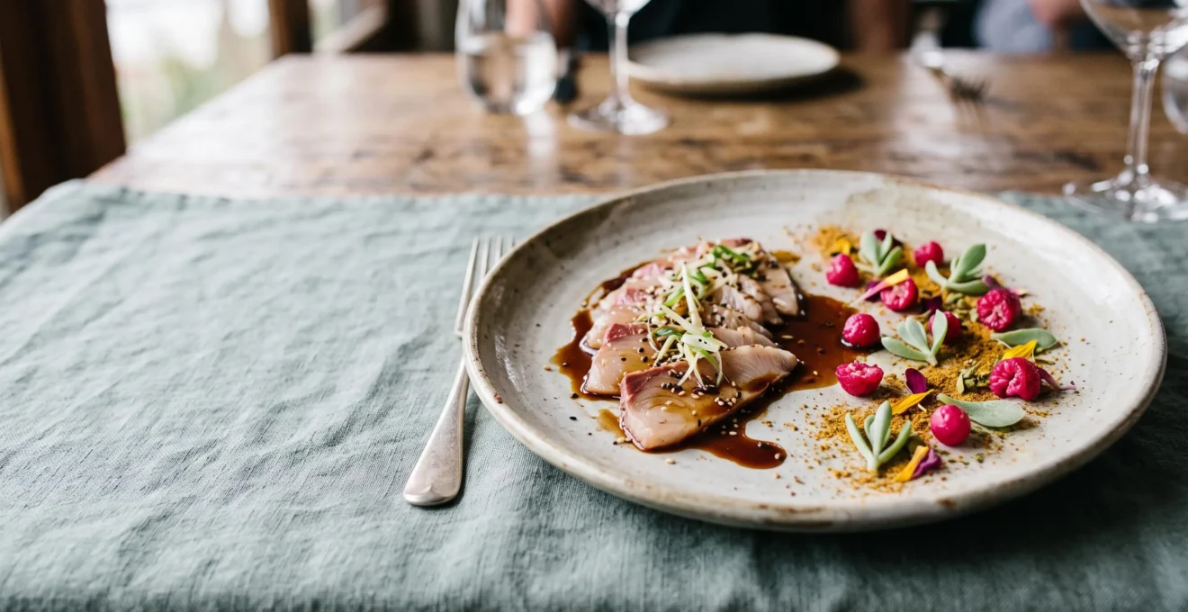 A beautifully plated modern Australian dish blending native bush ingredients with Asian culinary techniques, shot in editorial magazine style