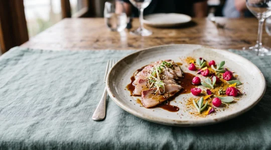 A beautifully plated modern Australian dish blending native bush ingredients with Asian culinary techniques, shot in editorial magazine style
