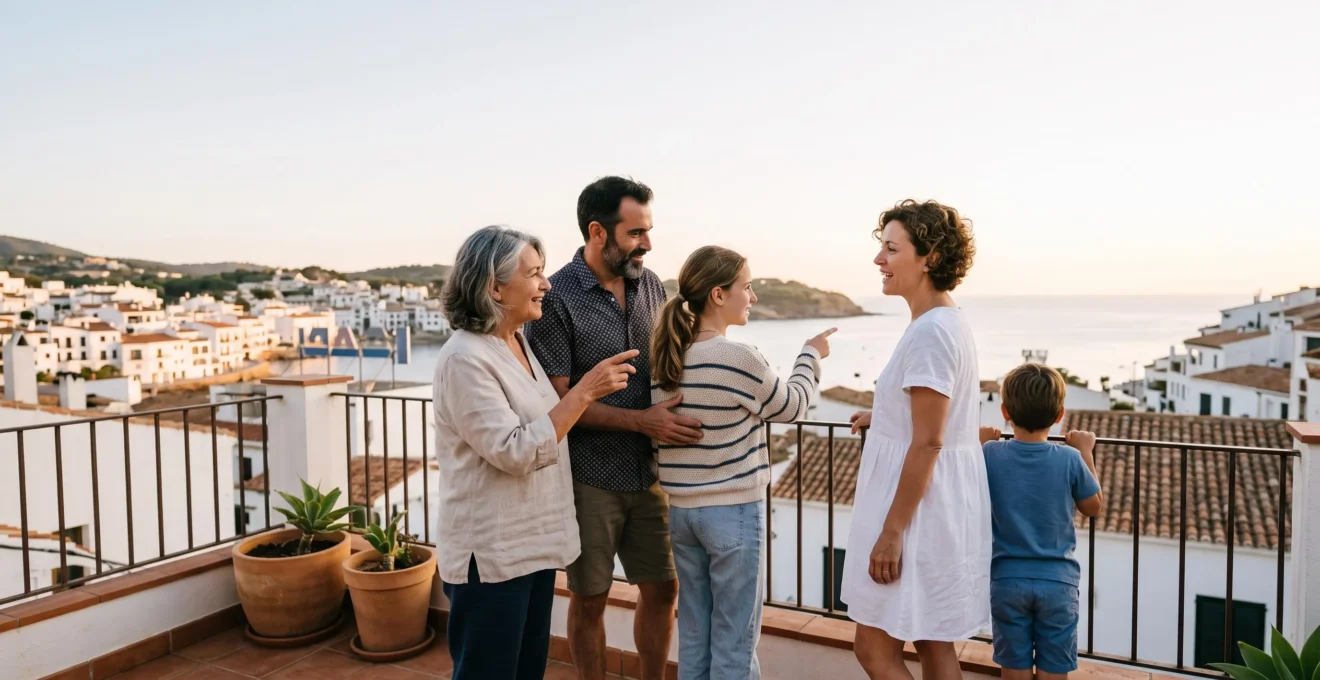 A multigenerational family reviewing an apartment stay together, symbolizing shared decision-making for a family trip