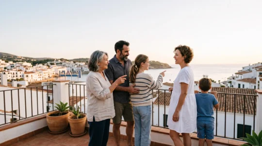 A multigenerational family reviewing an apartment stay together, symbolizing shared decision-making for a family trip