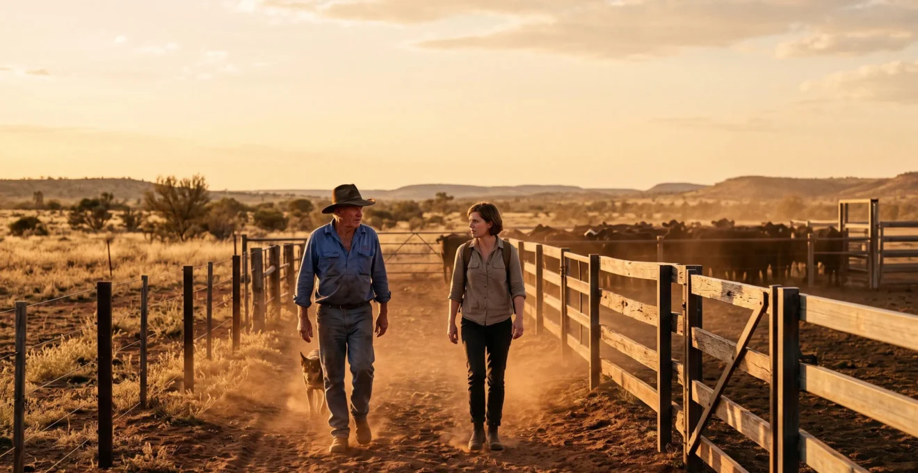A traveler working alongside a farmer in the vast Australian outback, symbolizing authentic rural immersion beyond typical tourism.