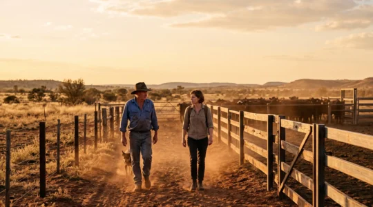 A traveler working alongside a farmer in the vast Australian outback, symbolizing authentic rural immersion beyond typical tourism.