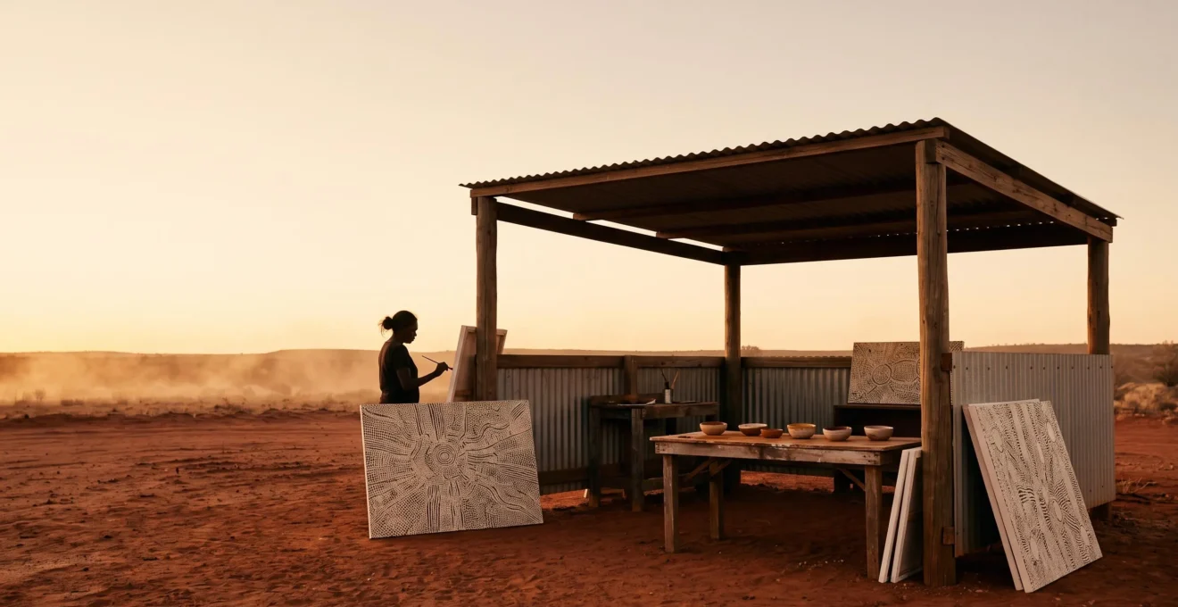 A wide editorial photograph showing an Aboriginal art centre studio bathed in warm desert light, with canvases and natural ochre pigments in soft focus, evoking careful cultural interpretation.