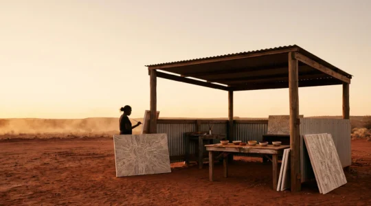 A wide editorial photograph showing an Aboriginal art centre studio bathed in warm desert light, with canvases and natural ochre pigments in soft focus, evoking careful cultural interpretation.