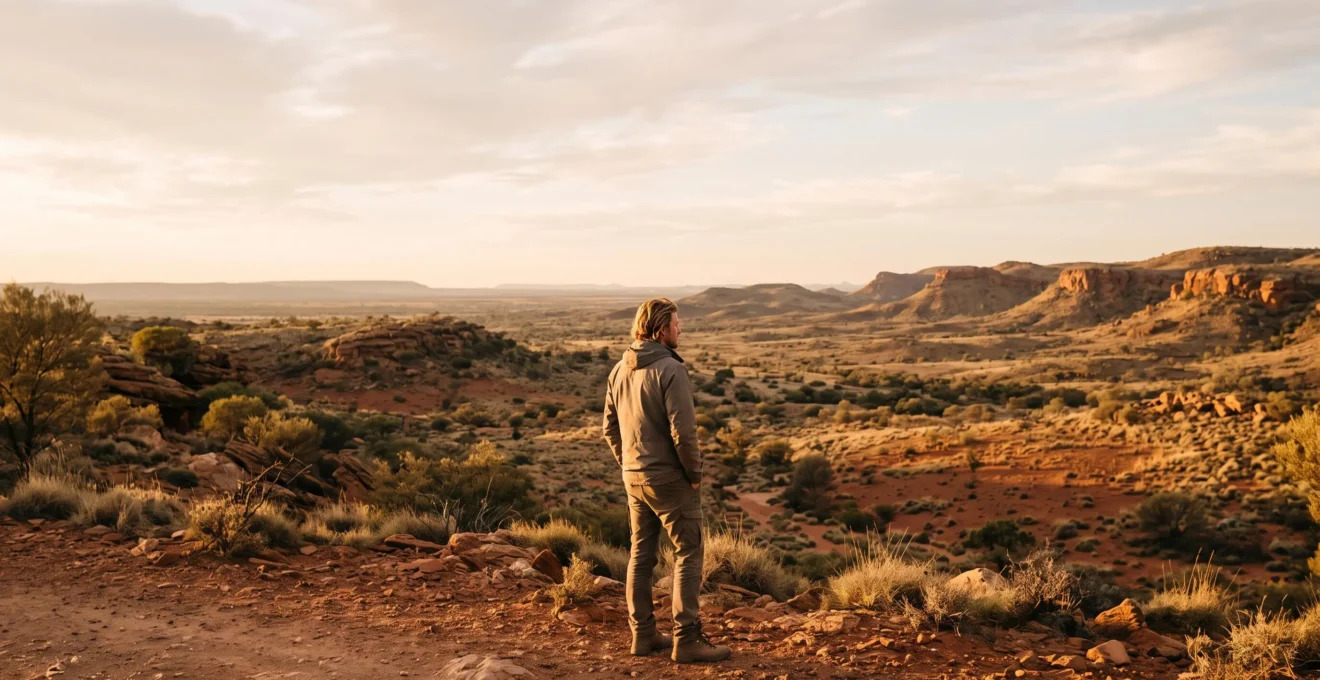 Wide editorial photograph symbolizing a respectful, humble encounter between a traveler and the ancient Australian landscape at golden hour