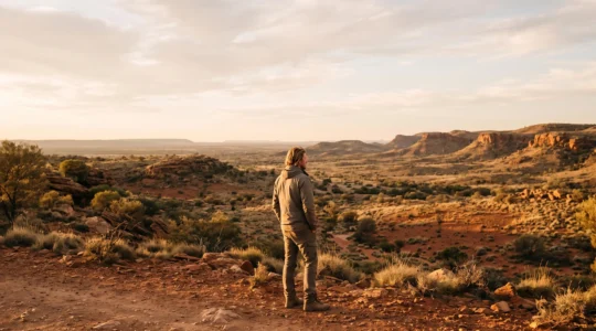 Wide editorial photograph symbolizing a respectful, humble encounter between a traveler and the ancient Australian landscape at golden hour