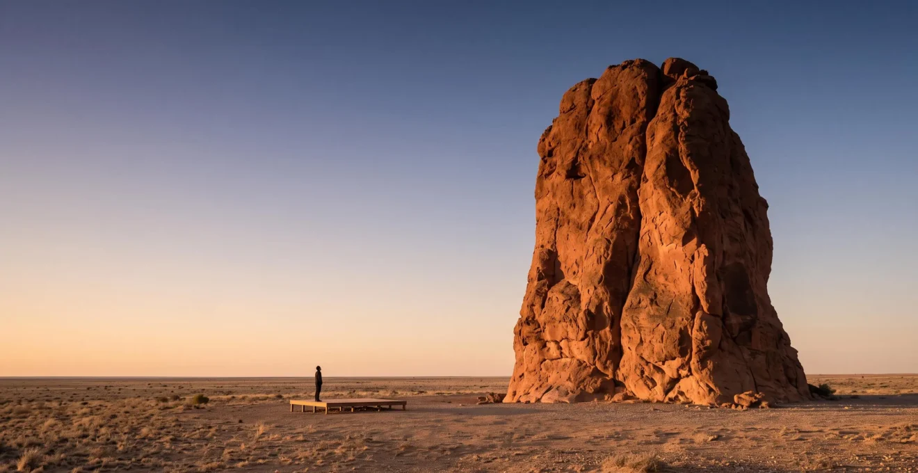 Wide dawn view of a massive red sandstone monolith rising alone from the flat desert plain, symbolizing Uluru's geological scale and cultural sacredness