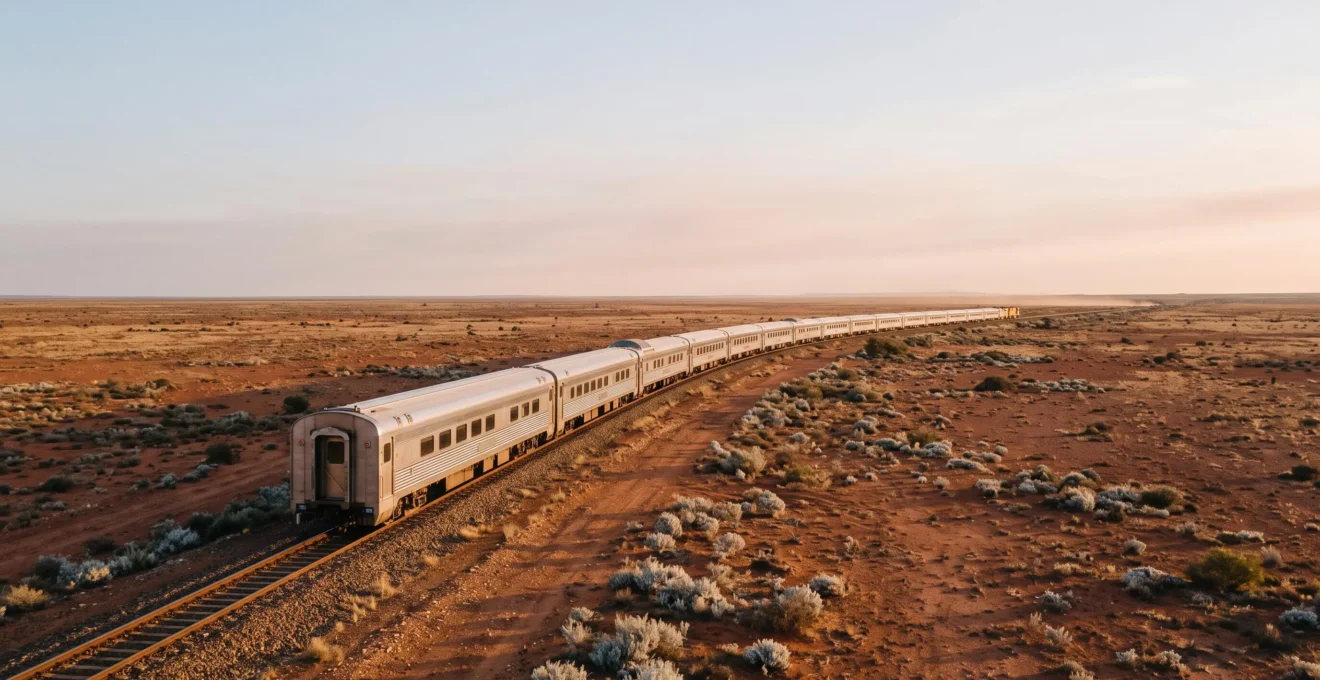 A long silver passenger train crossing the vast, empty red-ochre expanse of the Australian outback under a pale sky