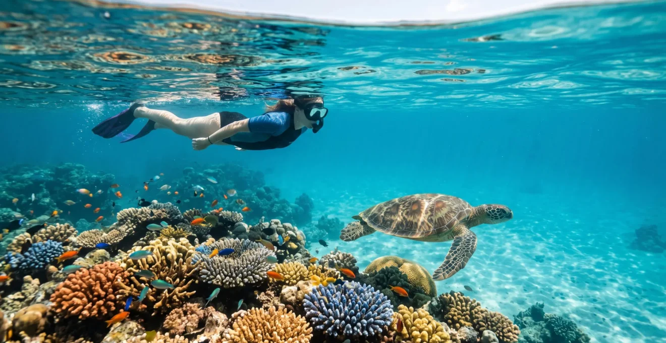 A snorkeler floating calmly above a vibrant coral reef, observing a sea turtle without making contact with the marine ecosystem