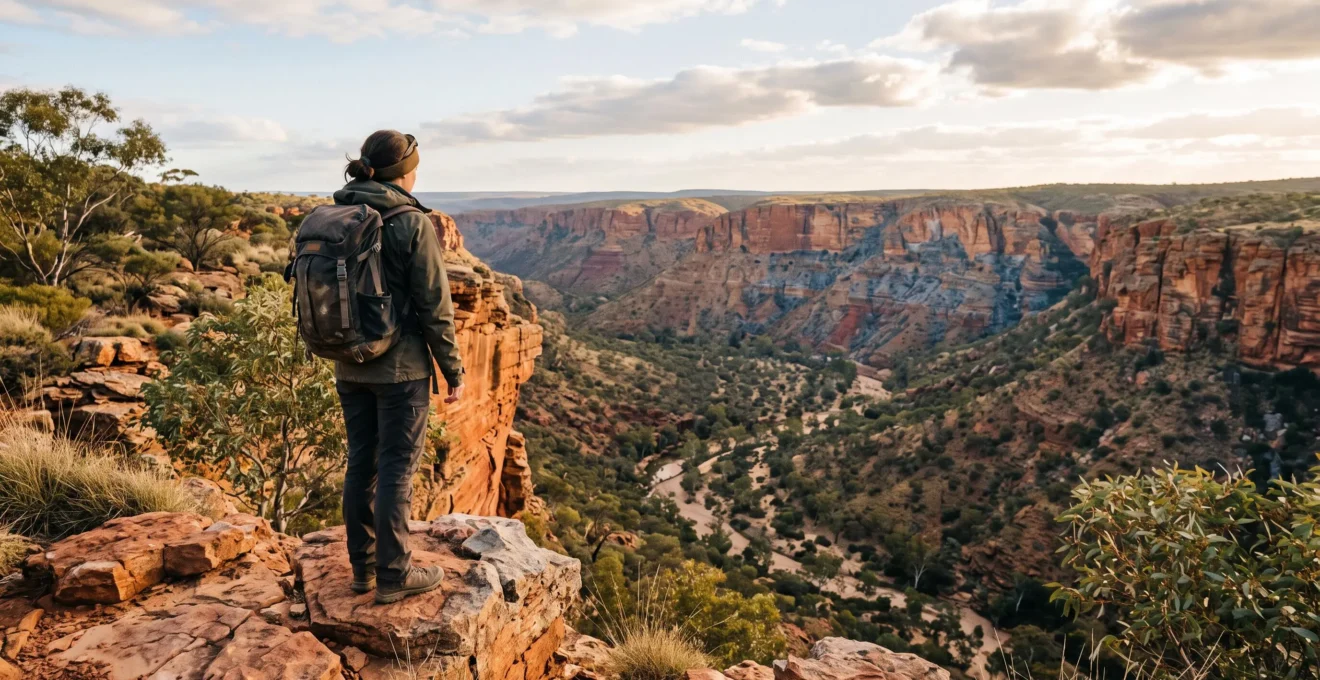 A lone hiker pausing at the edge of a vast red-earth Australian gorge at golden hour, symbolizing careful exploration of national parks