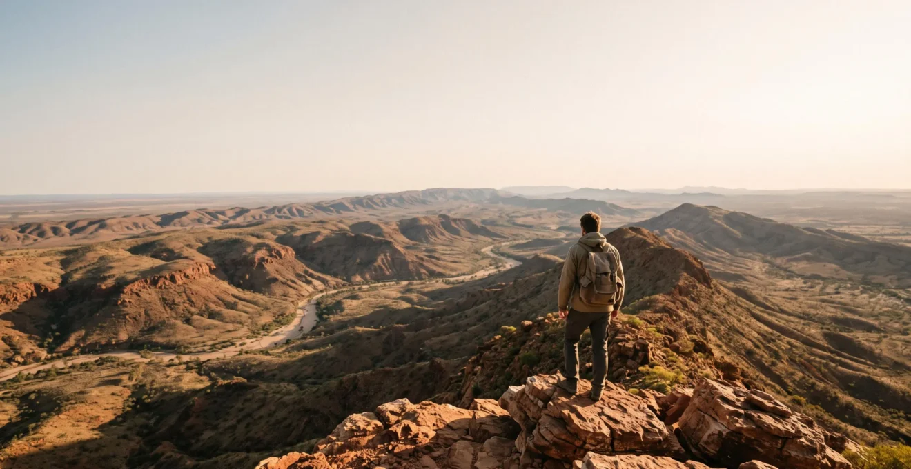 A lone hiker with a loaded backpack standing on a rocky ridge overlooking a vast red-earth Australian outback landscape at golden hour