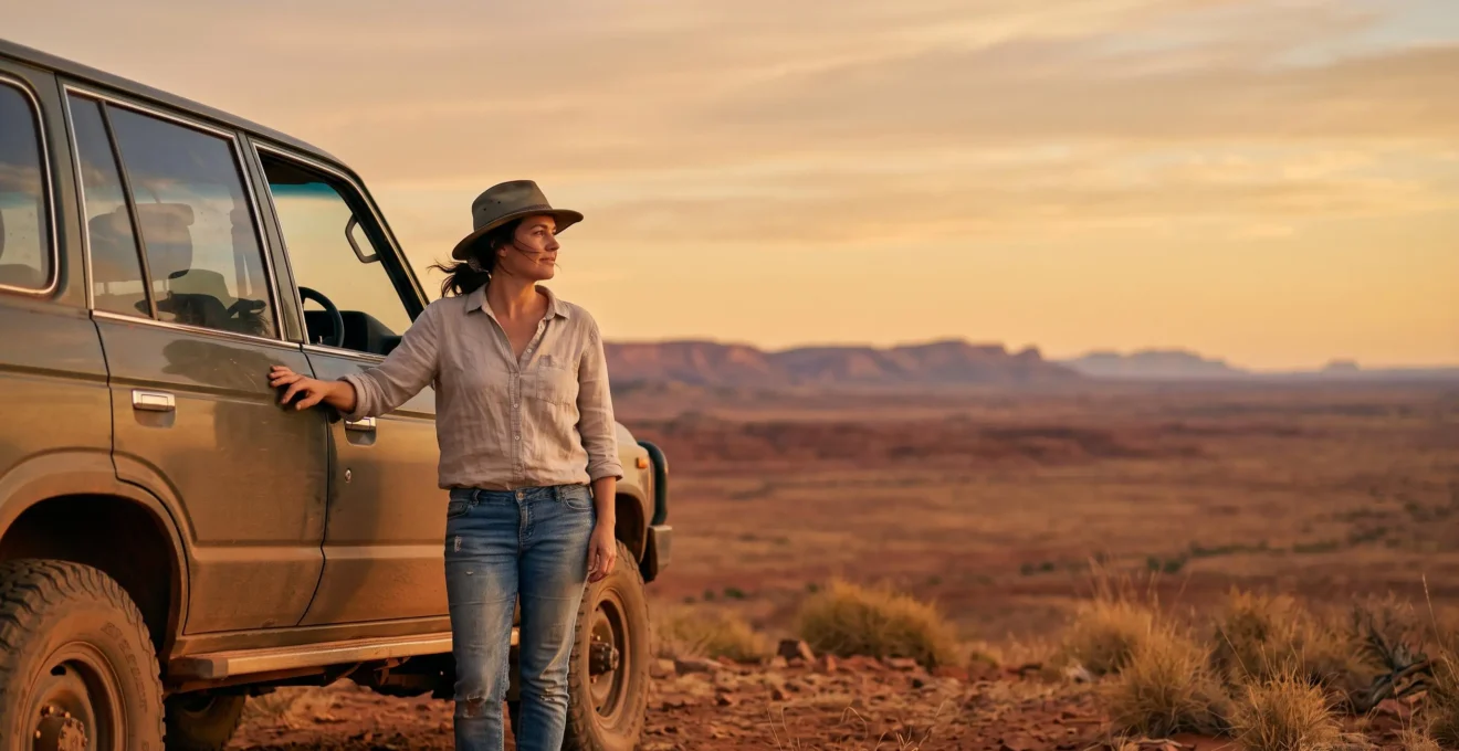 A lone traveler standing beside a 4WD vehicle at the edge of a vast red desert plain, looking toward an endless horizon, symbolizing freedom and remote risk in Australian road trips