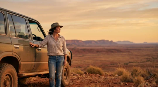 A lone traveler standing beside a 4WD vehicle at the edge of a vast red desert plain, looking toward an endless horizon, symbolizing freedom and remote risk in Australian road trips