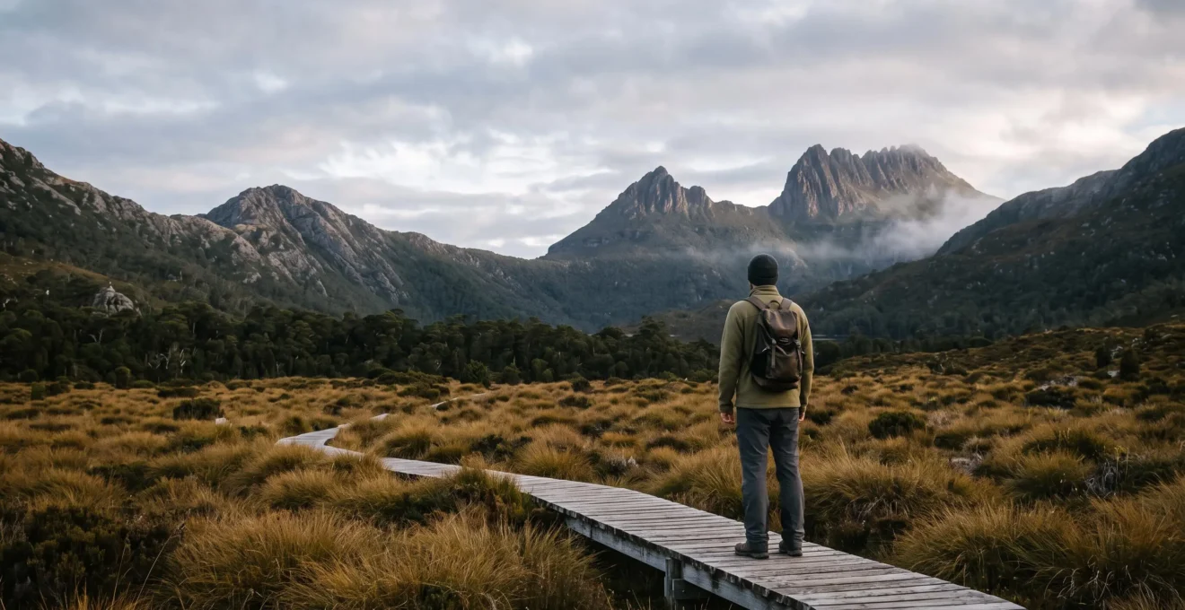 A lone hiker on a boardwalk trail overlooking Tasmania's vast, moody wilderness at dawn