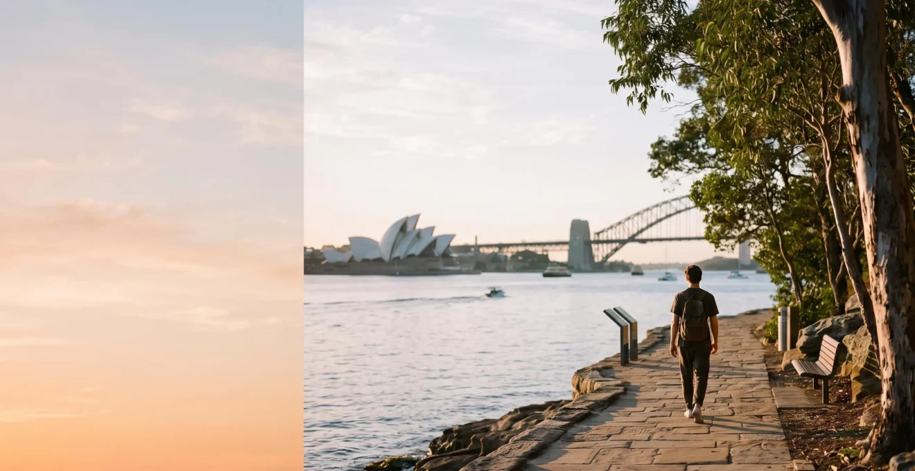 Wide golden-hour view of Sydney Harbour blending the iconic skyline with a quiet, uncrowded local walking path