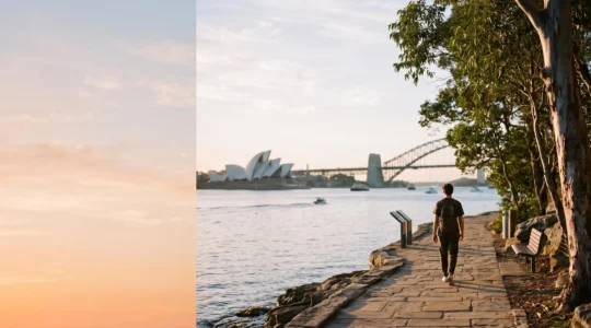 Wide golden-hour view of Sydney Harbour blending the iconic skyline with a quiet, uncrowded local walking path