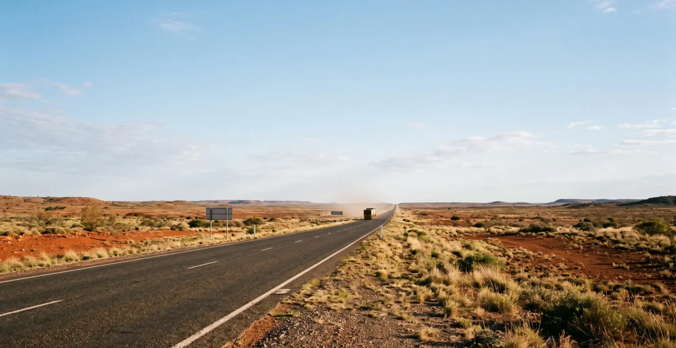 A single-lane outback highway stretching to the horizon under a vast sky, symbolizing the scale of Australian travel distances