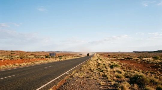 A single-lane outback highway stretching to the horizon under a vast sky, symbolizing the scale of Australian travel distances