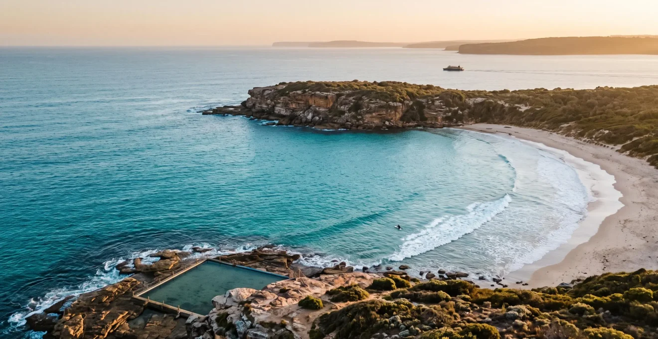 Wide aerial view of an Australian turquoise bay at golden hour, showing a surfer paddling out near a rocky headland and an ocean pool in the foreground
