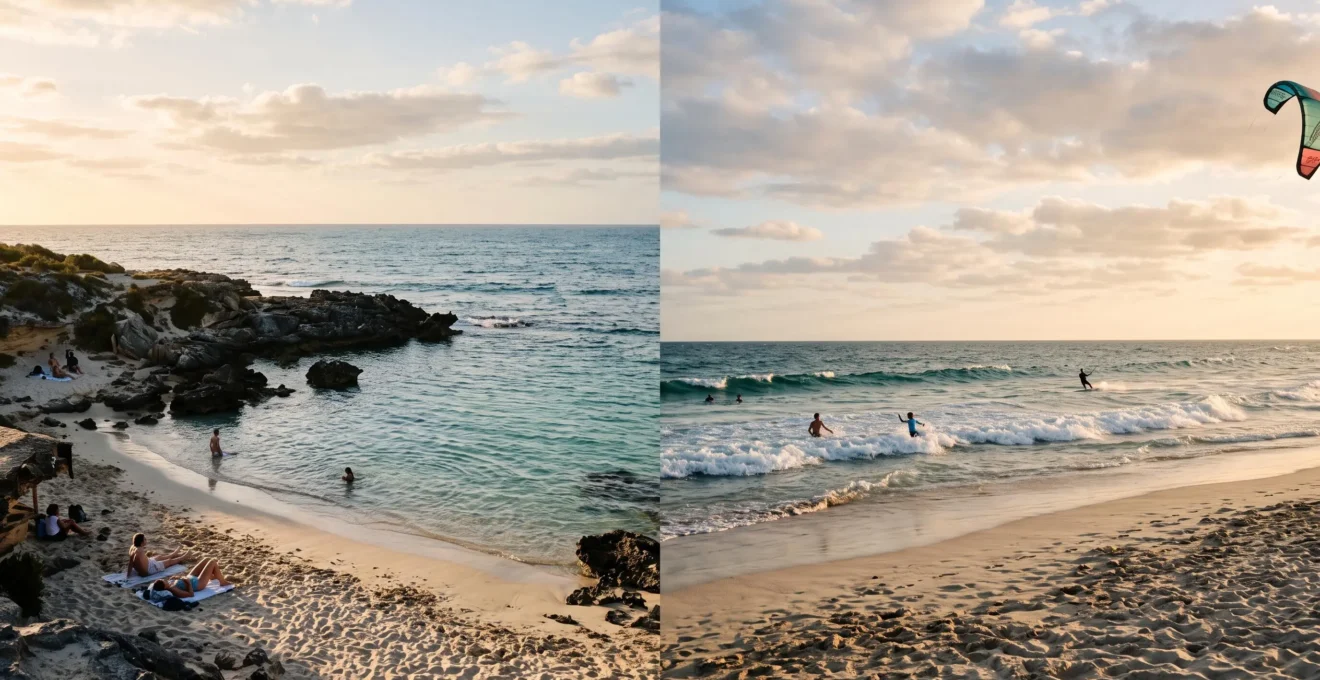 Wide aerial-level view of a pristine Western Australian beach at golden hour, with turquoise water on one side and warm sand on the other, symbolizing the choice between different coastal atmospheres.