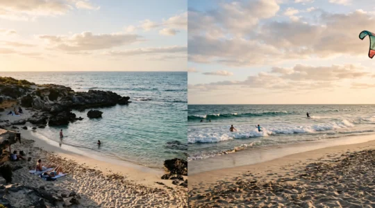 Wide aerial-level view of a pristine Western Australian beach at golden hour, with turquoise water on one side and warm sand on the other, symbolizing the choice between different coastal atmospheres.